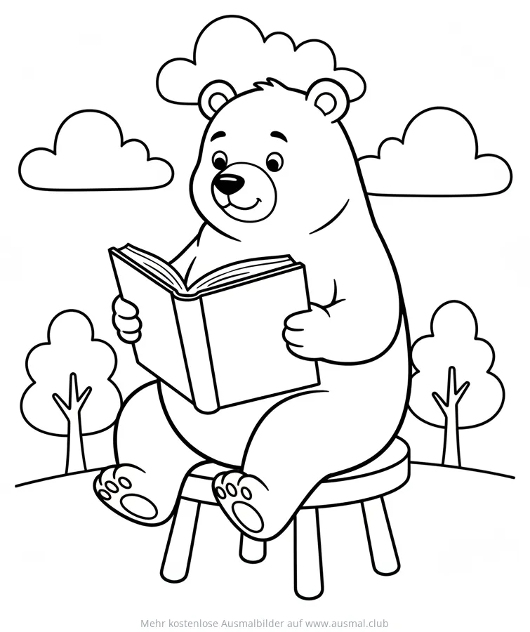 Bär sitzt auf Hocker und liest Buch Ausmalbild