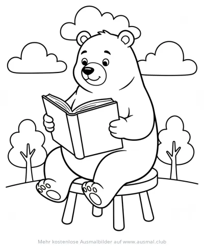 Bär sitzt auf Hocker und liest Buch Ausmalbild