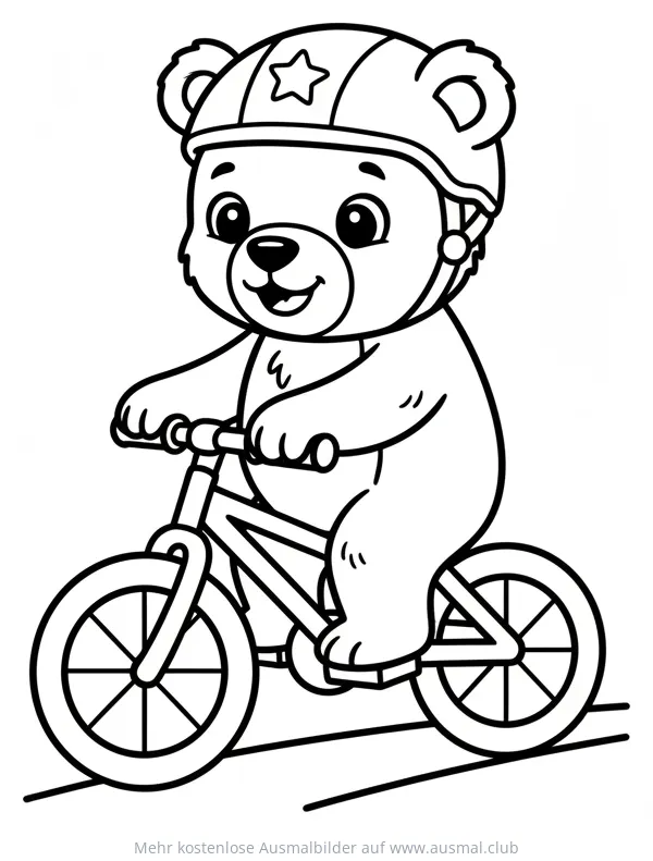 Bär mit Helm auf Fahrrad Ausmalbild