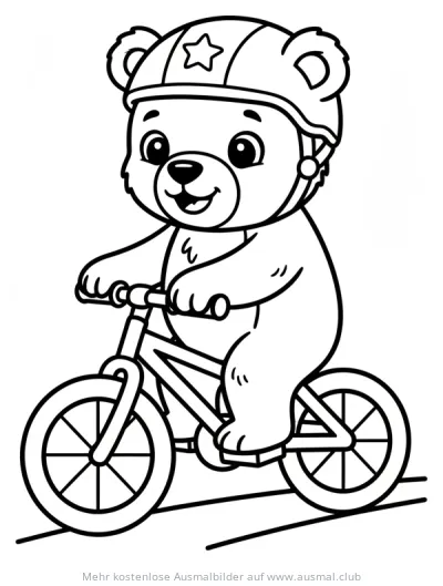 Bär mit Helm auf Fahrrad Ausmalbild