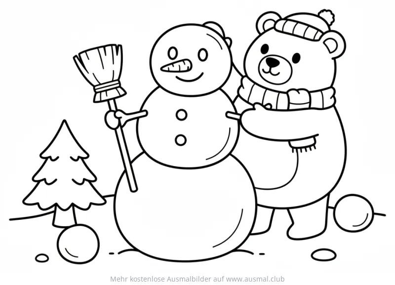 Bär baut Schneemann Ausmalbild mit Tannenbaum