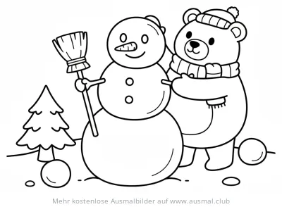 Bär baut Schneemann Ausmalbild mit Tannenbaum