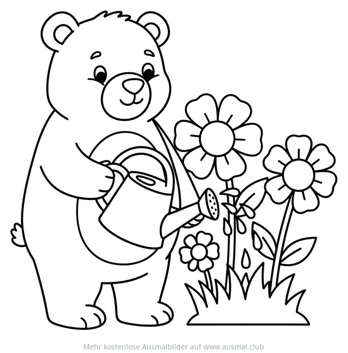 Bär gießt Blumen mit Gießkanne Ausmalbild
