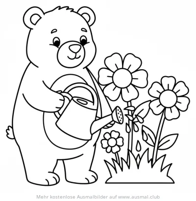 Bär gießt Blumen mit Gießkanne Ausmalbild