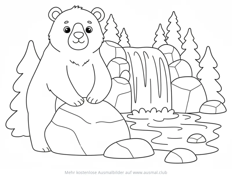 Braunbär sitzt auf Felsen vor Wasserfall Ausmalbild