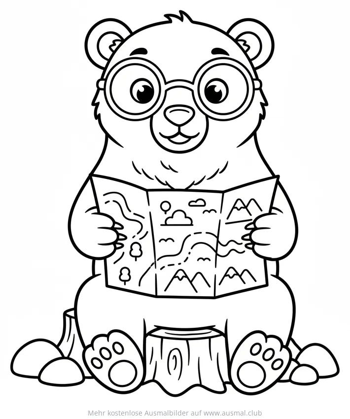 Brillenbär sitzt auf Baumstumpf und liest Karte Ausmalbild