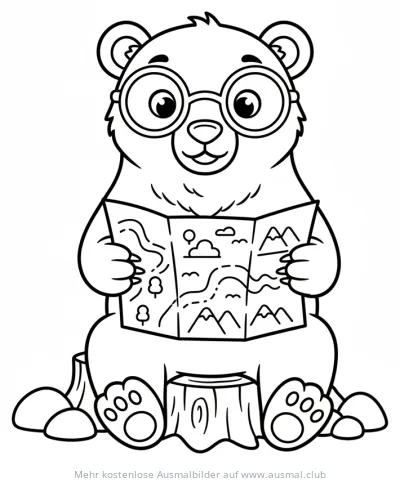 Brillenbär sitzt auf Baumstumpf und liest Karte Ausmalbild