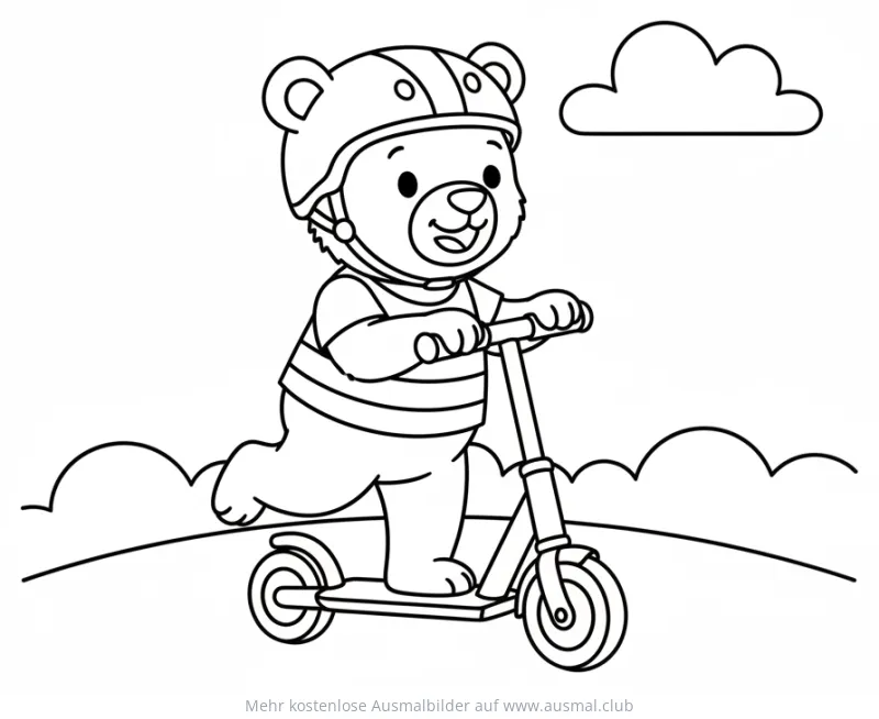 Bär mit Helm auf Roller Ausmalbild