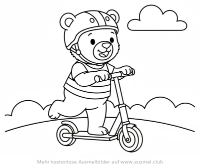 Bär mit Helm auf Roller Ausmalbild