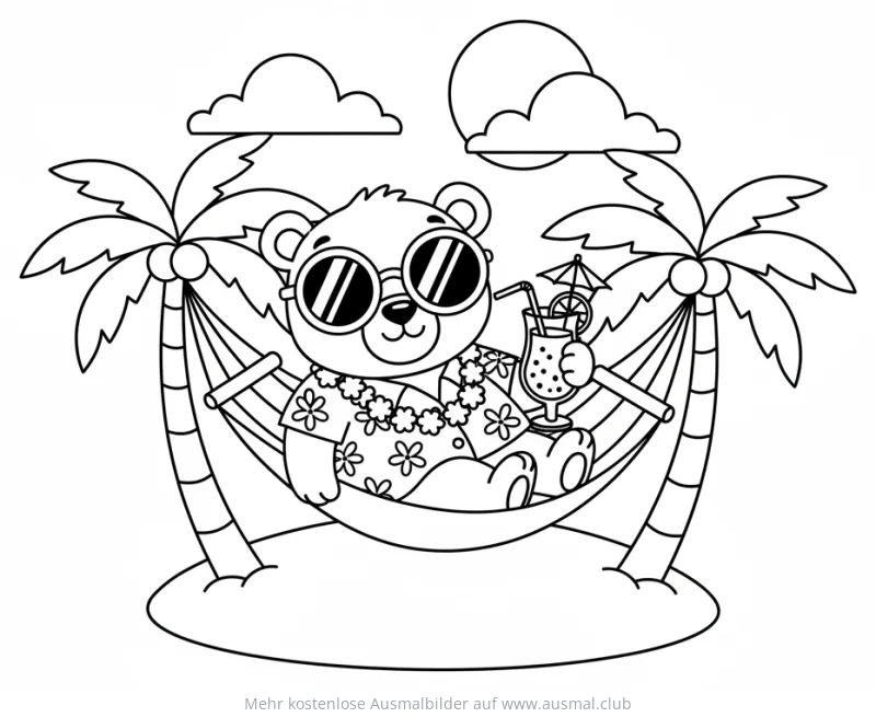 Bär mit Sonnenbrille und Cocktail in Hängematte zwischen Palmen Ausmalbild