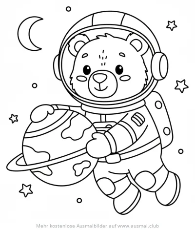 Bär im Astronautenanzug hält Planet Ausmalbild