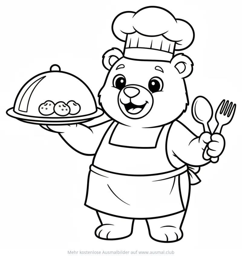 Bär als Koch mit Speiseglocke, Löffel und Gabel Ausmalbild