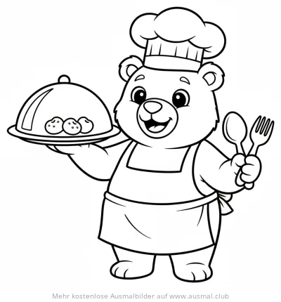 Bär als Koch mit Speiseglocke, Löffel und Gabel Ausmalbild
