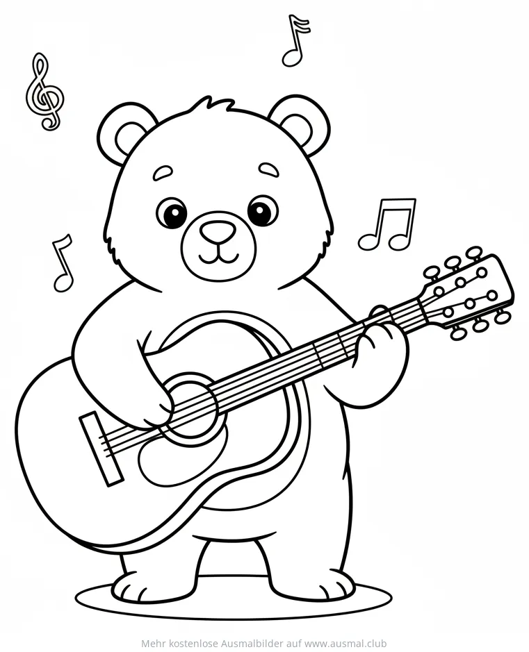 Bär spielt Gitarre Ausmalbild mit Noten