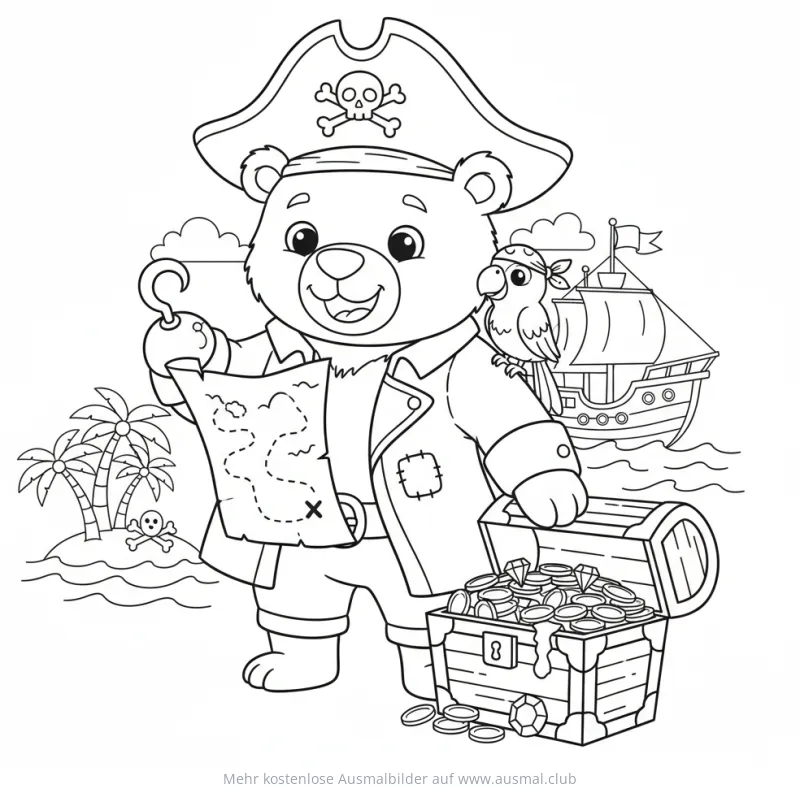Bär als Pirat mit Schatzkarte und Papagei Ausmalbild