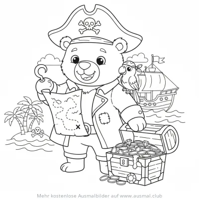 Bär als Pirat mit Schatzkarte und Papagei Ausmalbild