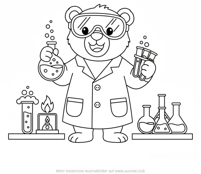 Bär als Wissenschaftler mit Reagenzgläsern Ausmalbild