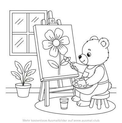 Bär malt Blume auf Staffelei Ausmalbild
