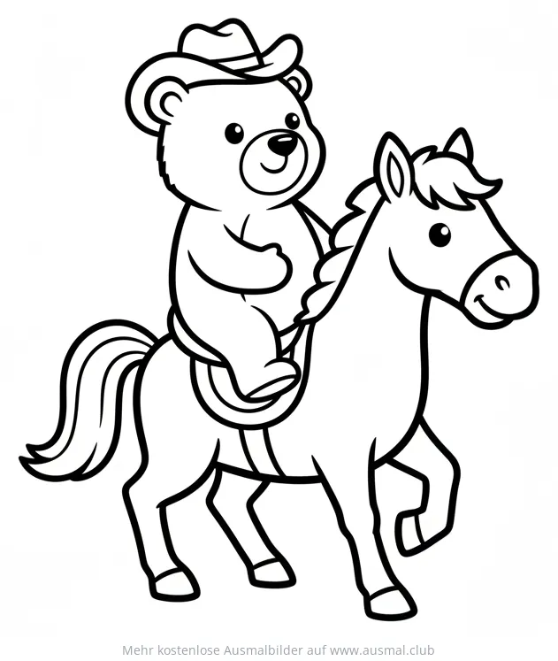 Bär mit Cowboyhut reitet auf Pferd Ausmalbild