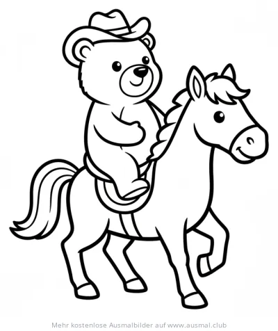 Bär mit Cowboyhut reitet auf Pferd Ausmalbild
