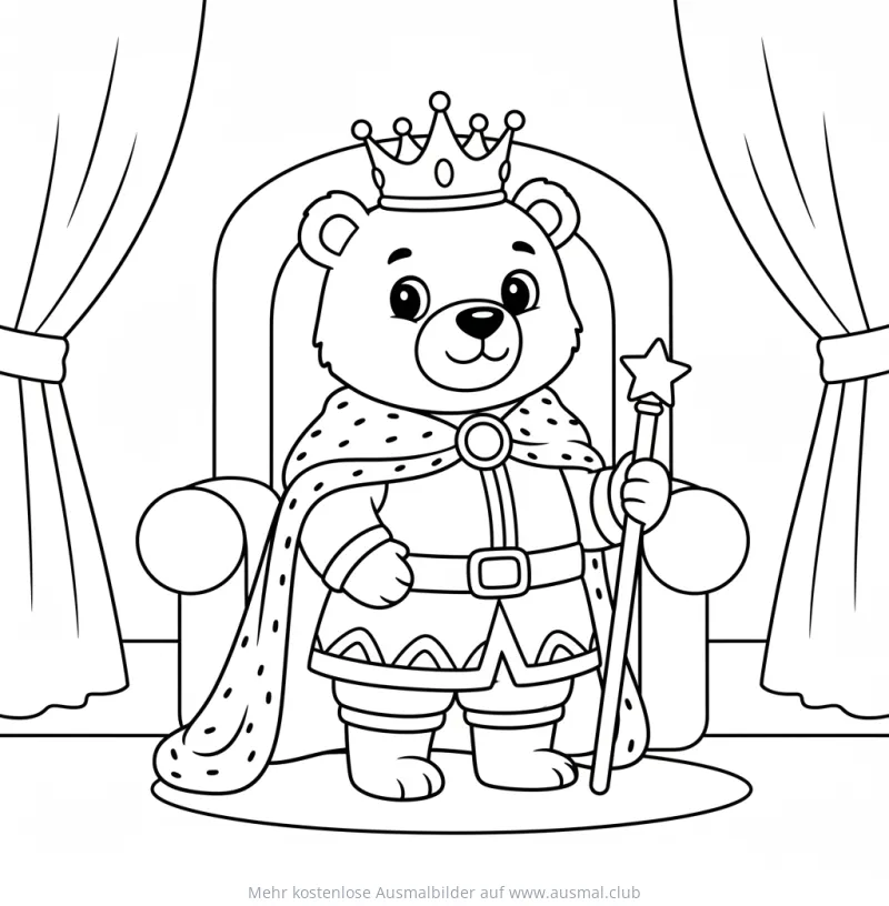 Bär als König mit Krone und Zepter auf Thron Ausmalbild