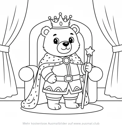 Bär als König mit Krone und Zepter auf Thron Ausmalbild
