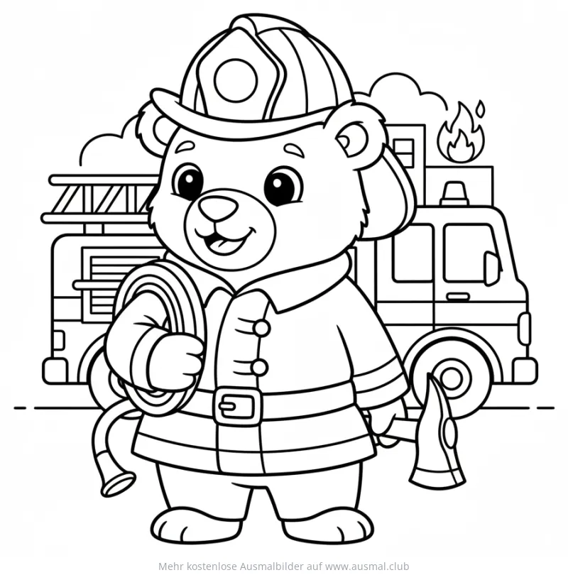 Bär als Feuerwehrmann mit Schlauch und Axt vor einem Feuerwehrauto Ausmalbild