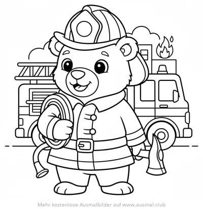 Bär als Feuerwehrmann mit Schlauch und Axt vor einem Feuerwehrauto Ausmalbild
