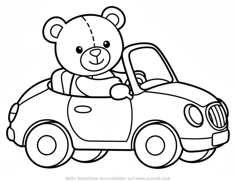 Teddybär fährt Auto Ausmalbild