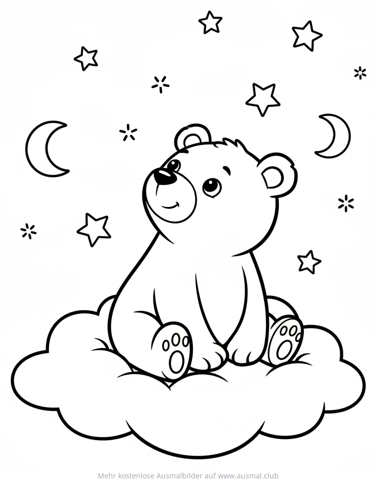 Bär sitzt auf Wolke, umgeben von Sternen und Mond Ausmalbild