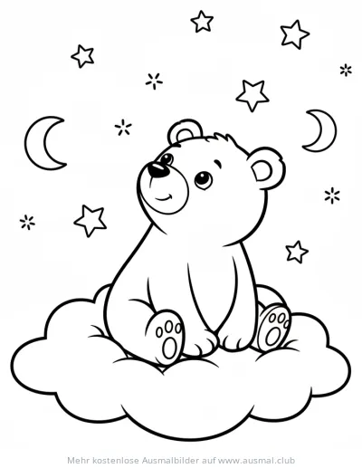 Bär sitzt auf Wolke, umgeben von Sternen und Mond Ausmalbild