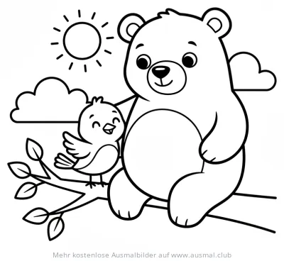 Bär und Vogel sitzen auf einem Ast Ausmalbild