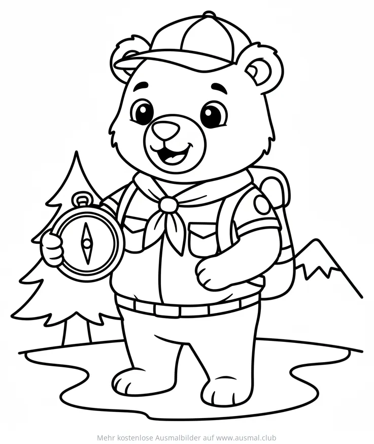 Bär als Pfadfinder mit Kompass Ausmalbild
