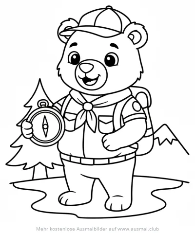 Bär als Pfadfinder mit Kompass Ausmalbild