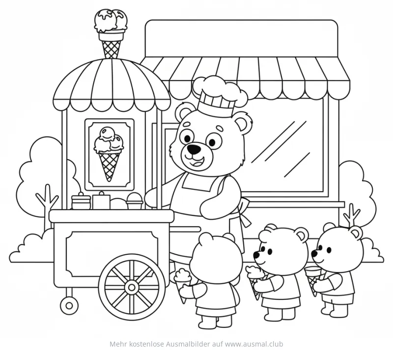 Bär verkauft Eis an Eisstand Ausmalbild