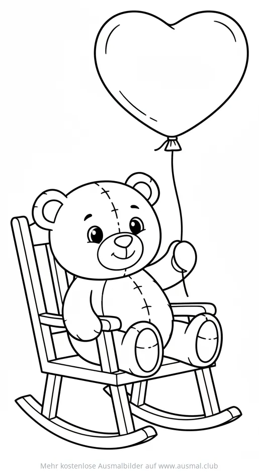Teddybär im Schaukelstuhl mit Herz-Ballon Ausmalbild