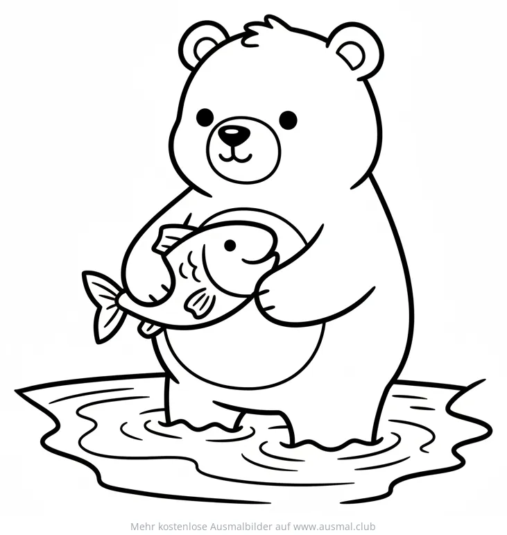 Bär hält Fisch im Wasser Ausmalbild