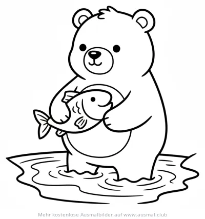 Bär hält Fisch im Wasser Ausmalbild