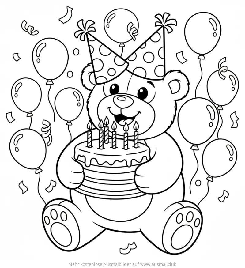 Teddybär mit Partyhut und Geburtstagskuchen Ausmalbild