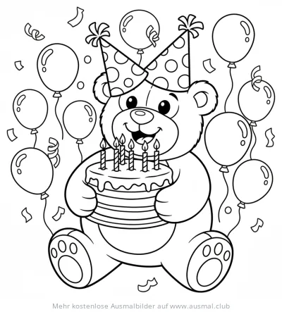 Teddybär mit Partyhut und Geburtstagskuchen Ausmalbild