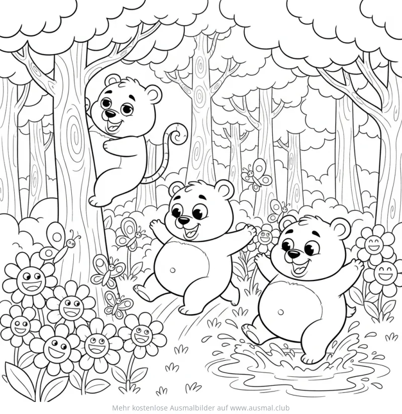 Bärenkinder spielen im Wald Ausmalbild