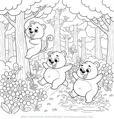 Bärenkinder spielen im Wald Ausmalbild