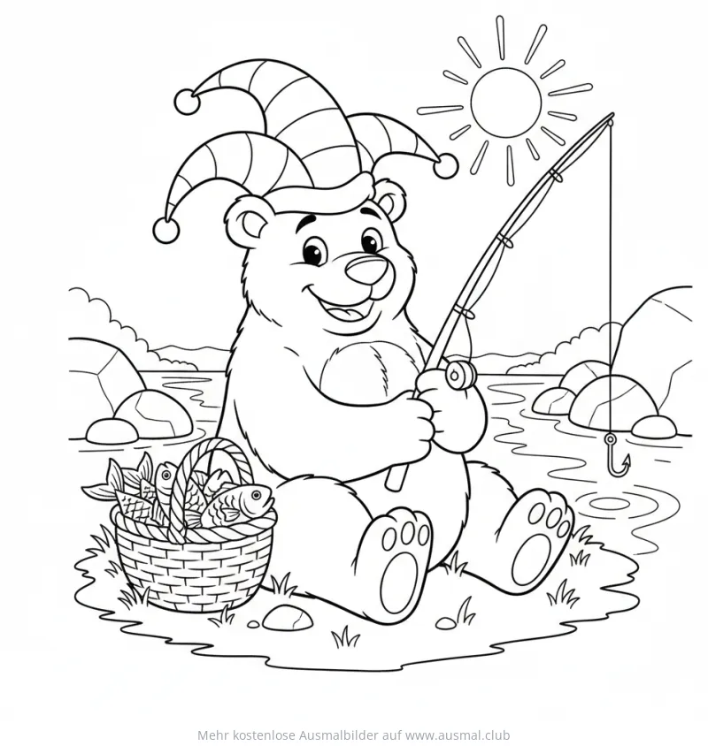 Bär mit Narrenkappe beim Angeln Ausmalbild
