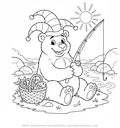 Bär mit Narrenkappe beim Angeln Ausmalbild