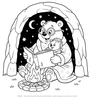 Bärenfamilie liest am Lagerfeuer Ausmalbild