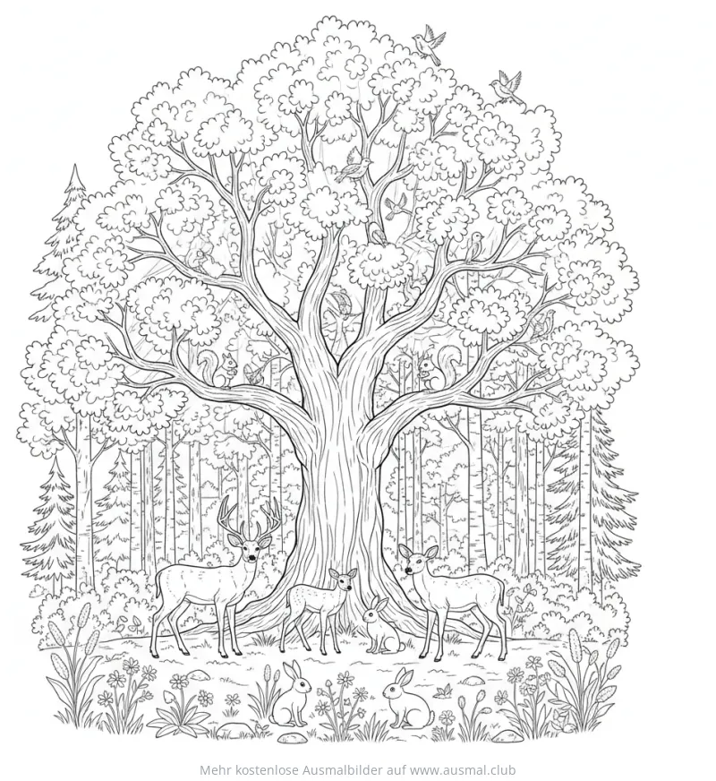 Eiche mit Rehen, Hasen und Eichhörnchen Ausmalbild