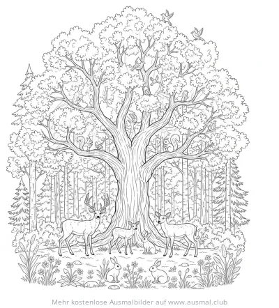 Eiche mit Rehen, Hasen und Eichhörnchen Ausmalbild
