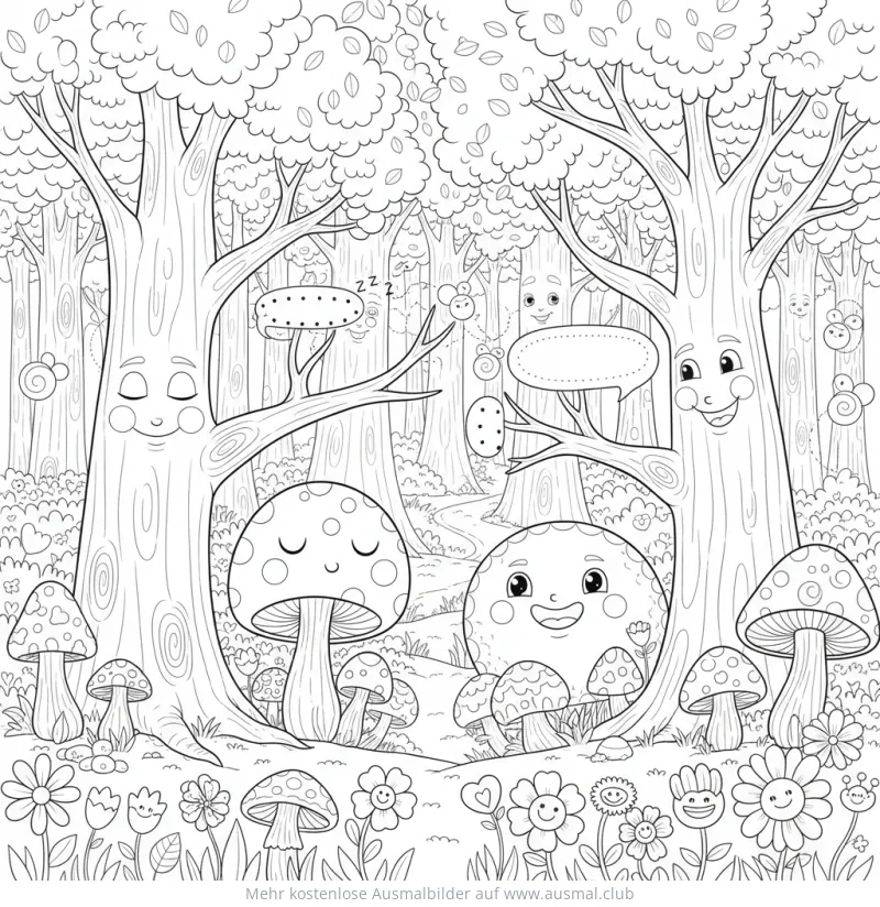 Wald mit Bäumen, Pilzen und Blumen Ausmalbild