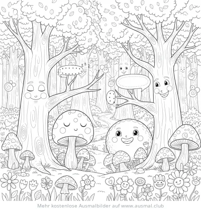 Wald mit Bäumen, Pilzen und Blumen Ausmalbild
