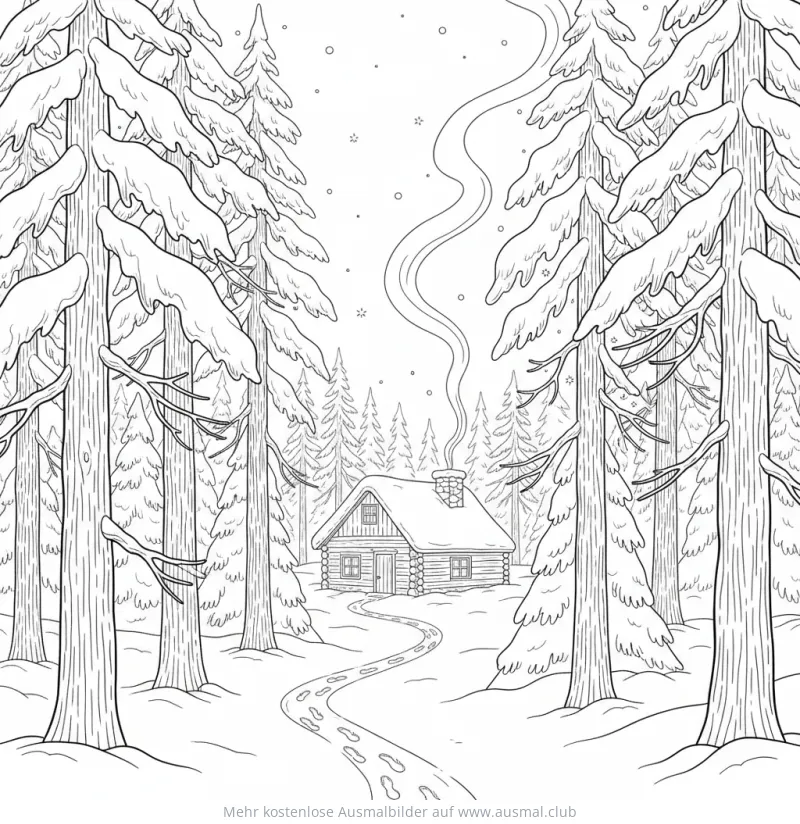 Winterwald mit Hütte Ausmalbild